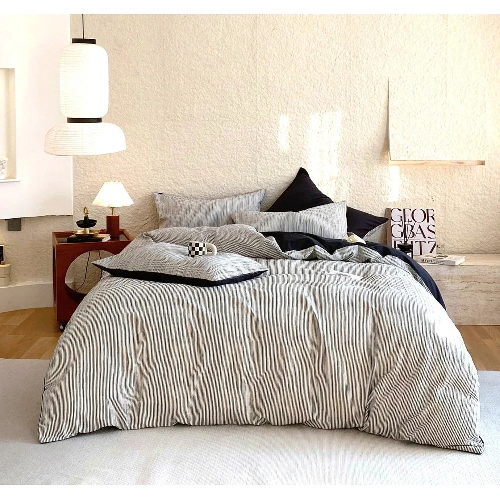 Of Joy Black White Striped‎ Cotton Yarn dyed Jacquard Reversible Comforter Set